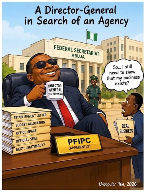 Cartoon: a smiling self-appointed director-general at a desk in front of the Federal Secretariat, Abuja, while a businessman holding 'Real Business' papers asks if he still needs to prove his business exists