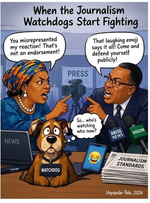 Cartoon: a public official and a TV presenter pointing at each other across a news desk while a confused dog labelled Watchdog asks who is watching who