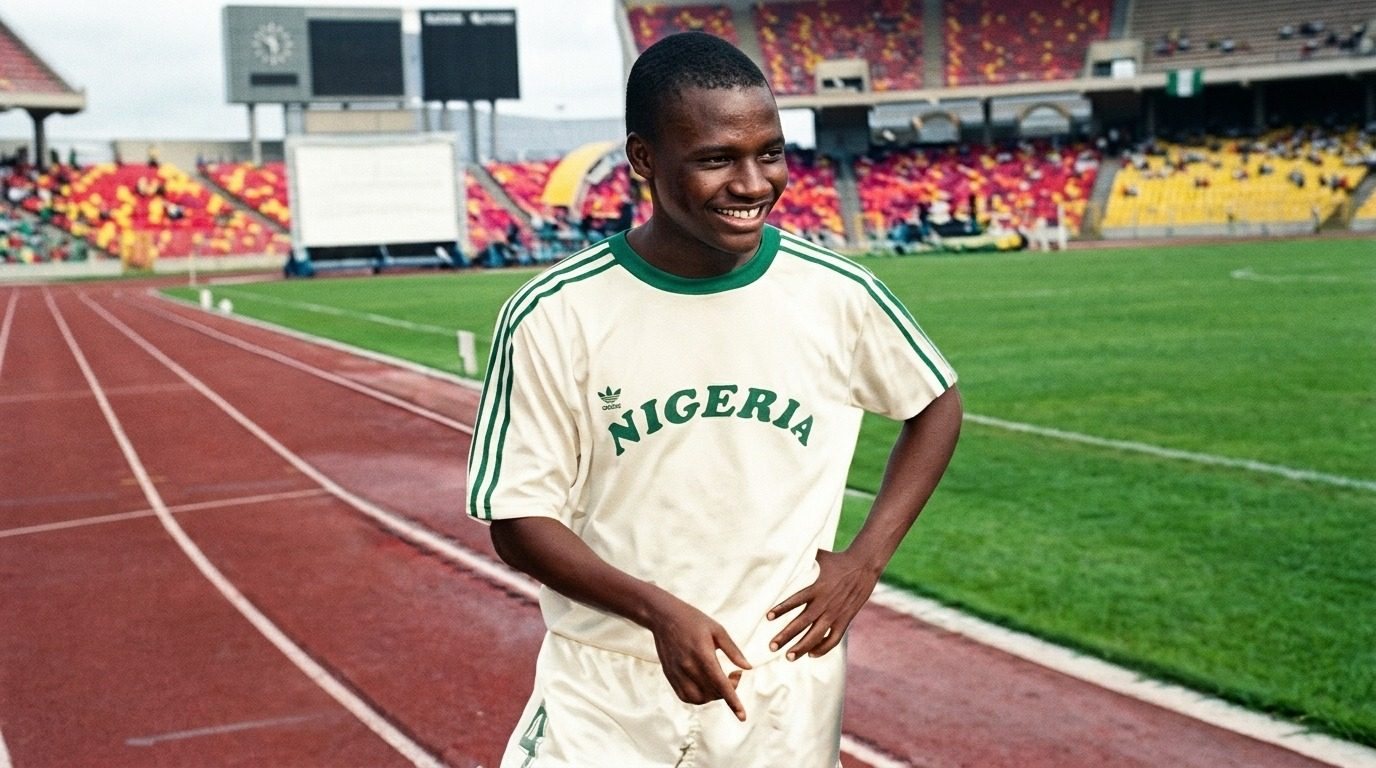 A young footballer in a cream Nigeria kit smiling on the running track of a stadium